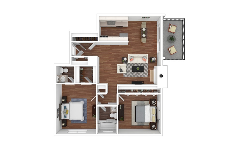 Arkansas - 2 bedroom floorplan layout with 1.5 bath and 870 square feet. (Floor 1 / 3D)