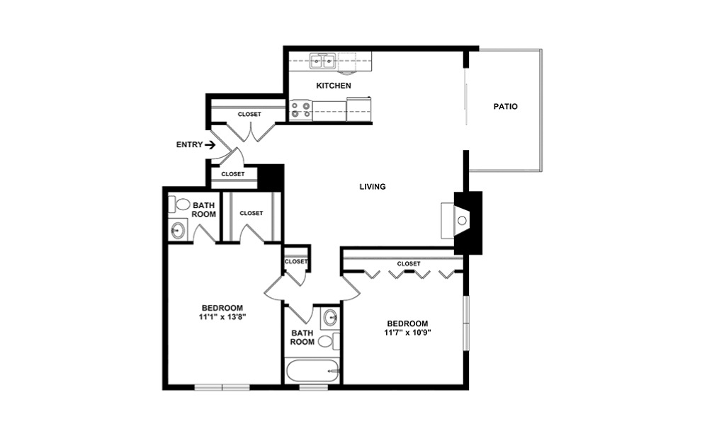 Arkansas - 2 bedroom floorplan layout with 1.5 bath and 870 square feet. (2D)
