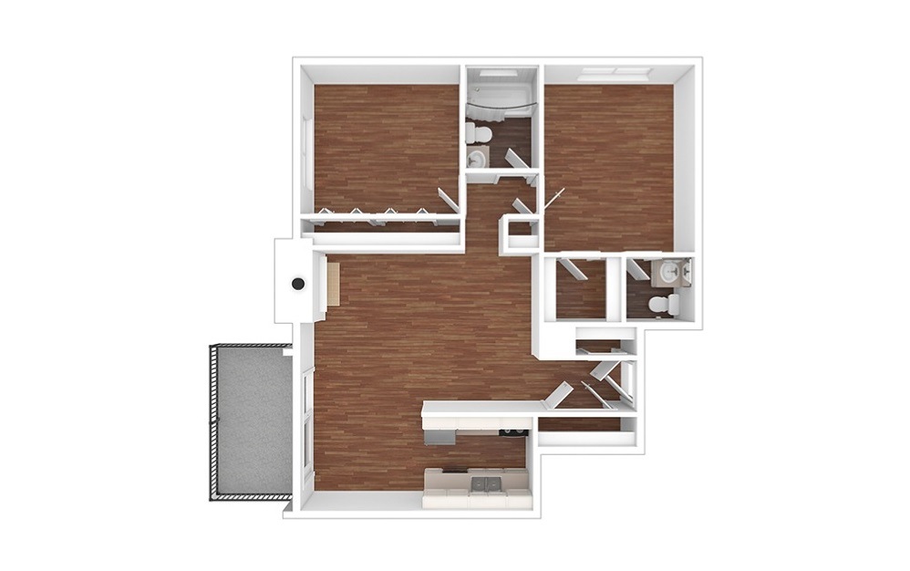 Arkansas - 2 bedroom floor plan layout with 1.5 bathroom and 870 square feet (Floor 2, 3D)
