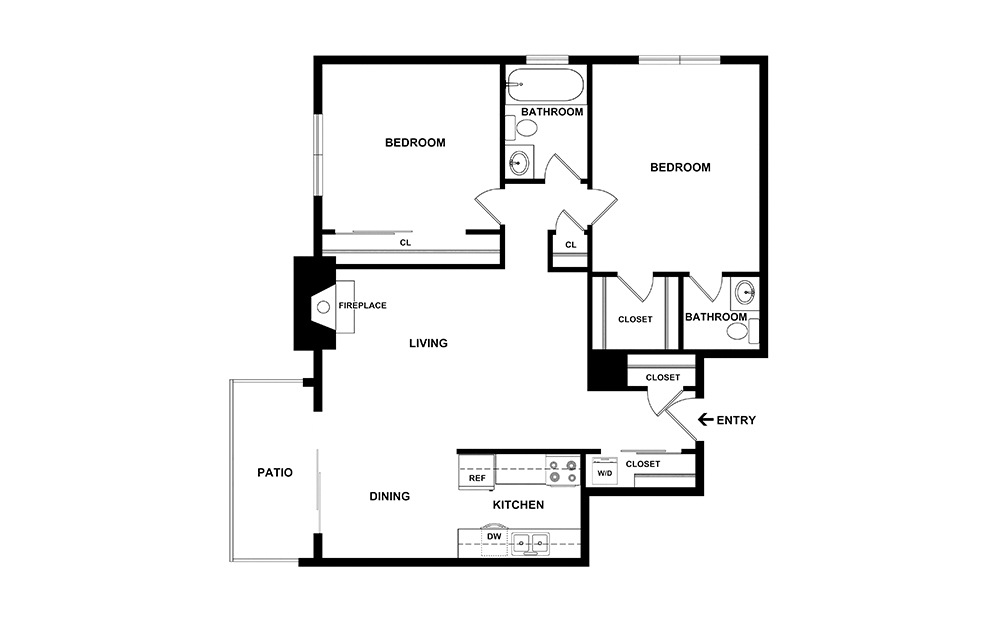Arkansas - Reno - 2 bedroom floorplan layout with 1.5 bathroom and 870 square feet (2D)