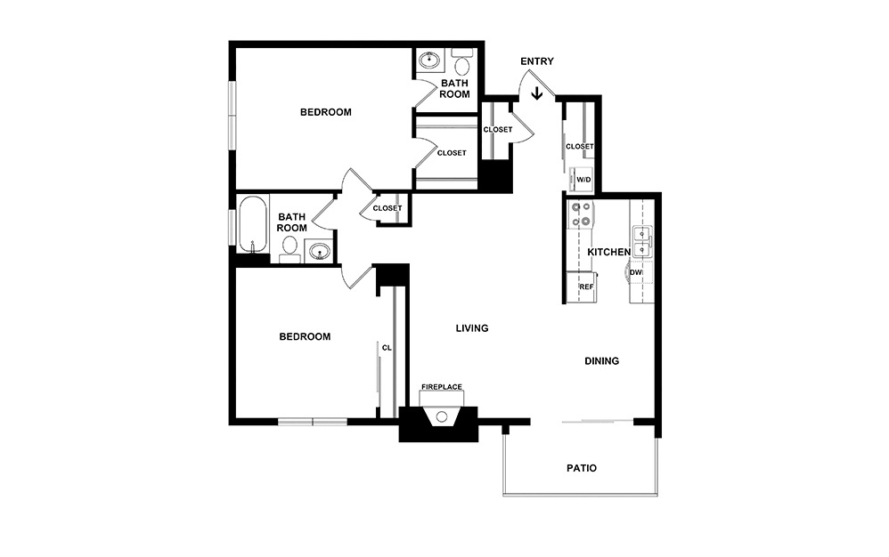 Ohio - Reno - 2 bedroom floorplan layout with 1.5 bathroom and 975 square feet (2D)