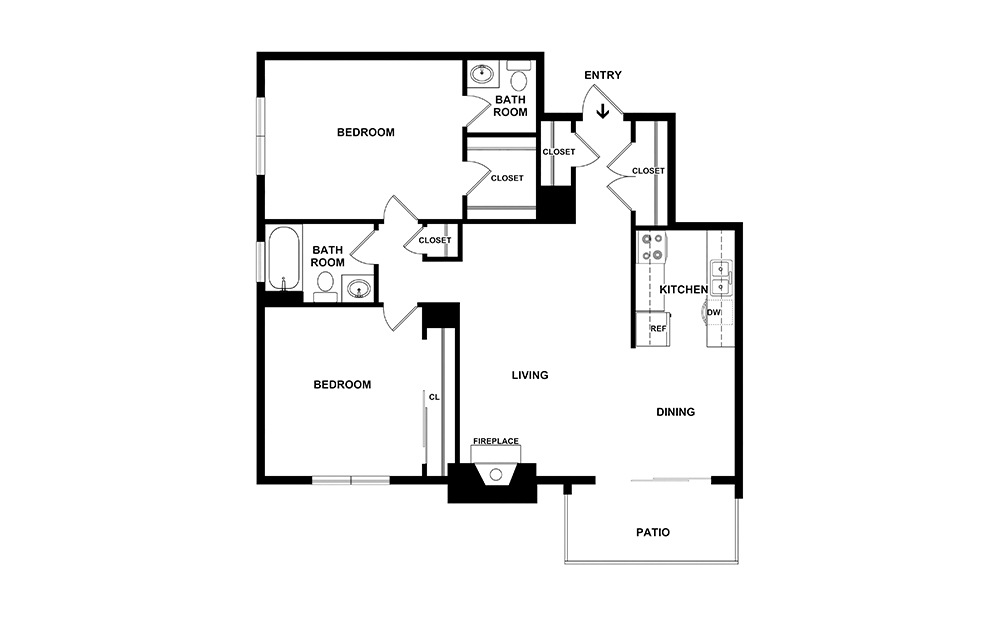 Ohio - 2 bedroom floorplan layout with 1.5 bathroom and 975 square feet (Floor 3)