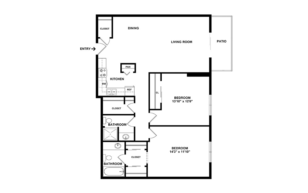 Kentucky - 2 bedroom floorplan layout with 2 baths and 1026 to 1060 square feet. (2D)