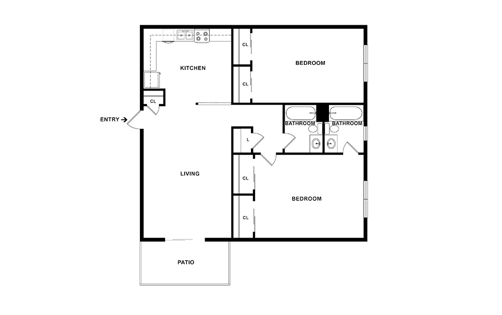 Iowa - 2 bedroom floorplan layout with 2 baths and 950 square feet. (2D)