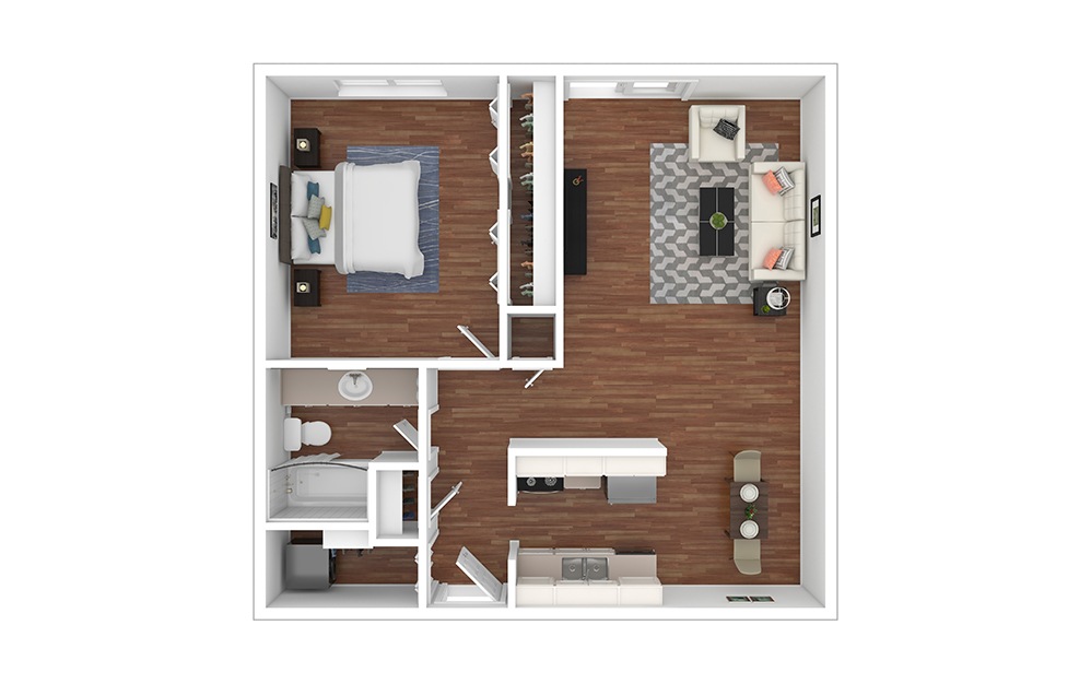 Texas - Reno - 1 bedroom floorplan layout with 1 bathroom and 665 square feet (Floor 1, 3D)
