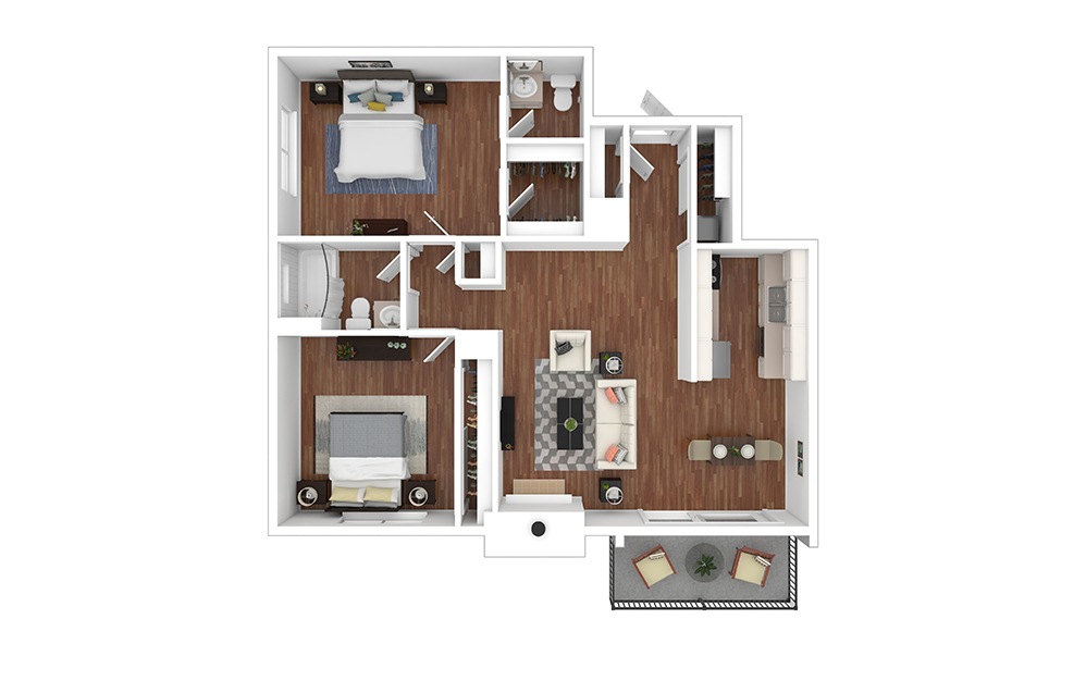 Ohio - Reno - 2 bedroom floorplan layout with 1.5 bathroom and 975 square feet (Floor 1, 3D)