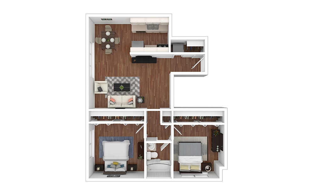Virginia - Reno - 2 bedroom floorplan layout with 1 bathroom and 840 square feet (Floor 1, 3D)