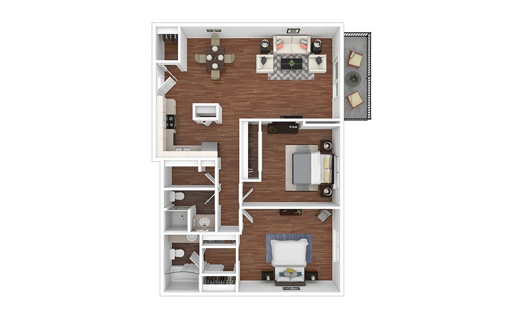 Kentucky - 2 bedroom floorplan layout with 2 bathrooms and 1026 - 1060 square feet (Floor 1, 3D)