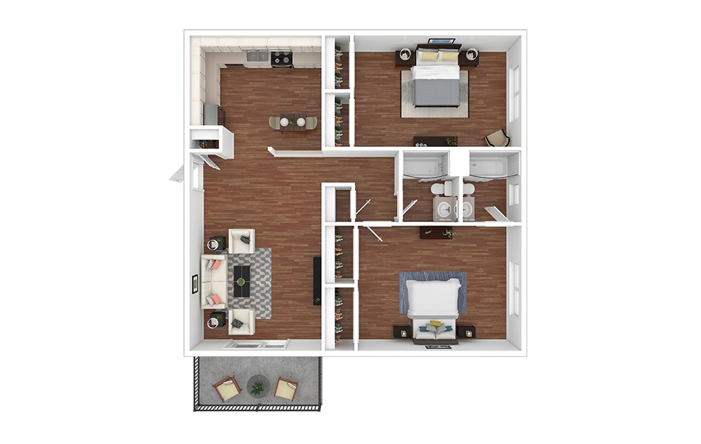 Iowa - 2 bedroom floorplan layout with 2 baths and 950 square feet. (Floor 1 / 3D)