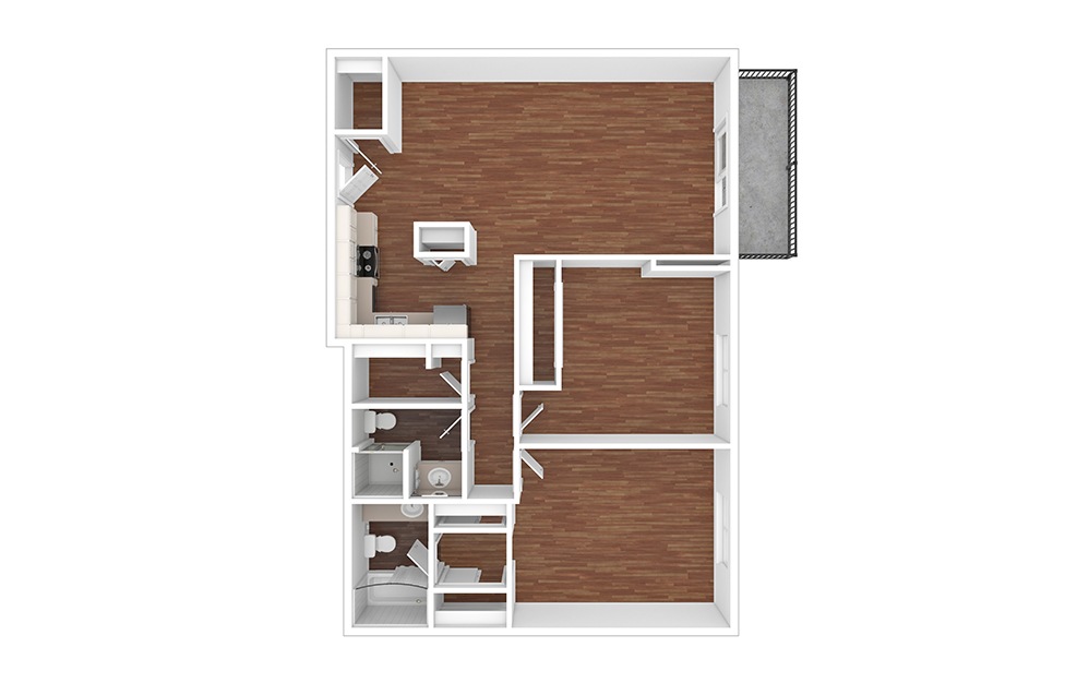 Kentucky - 2 bedroom floorplan layout with 2 bathrooms and 1026 - 1060 square feet (Floor 2, 3D)