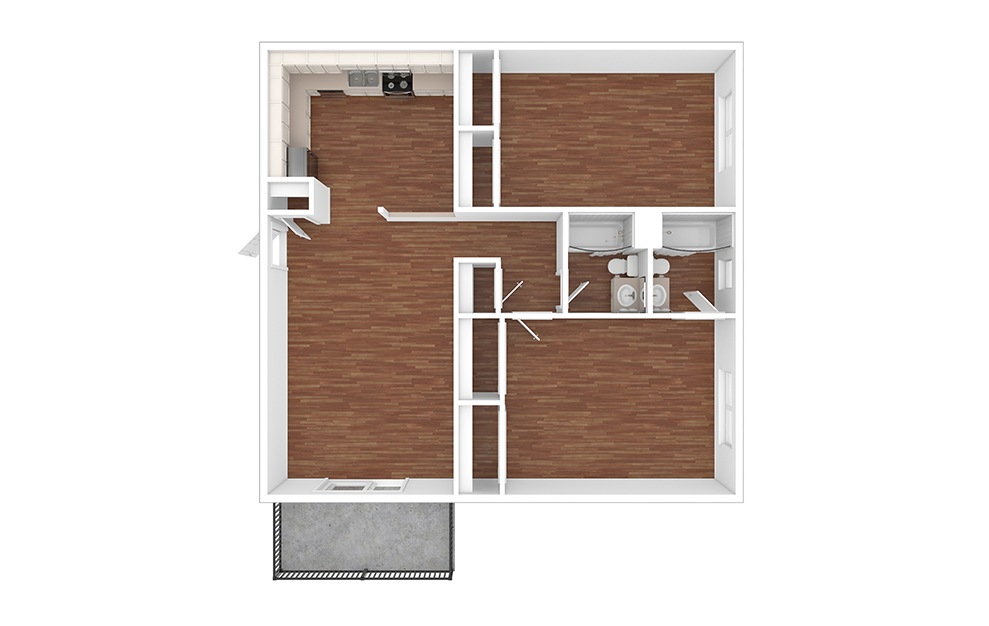 Iowa - 2 bedroom floorplan layout with 2 baths and 950 square feet. (Floor 2 / 3D)