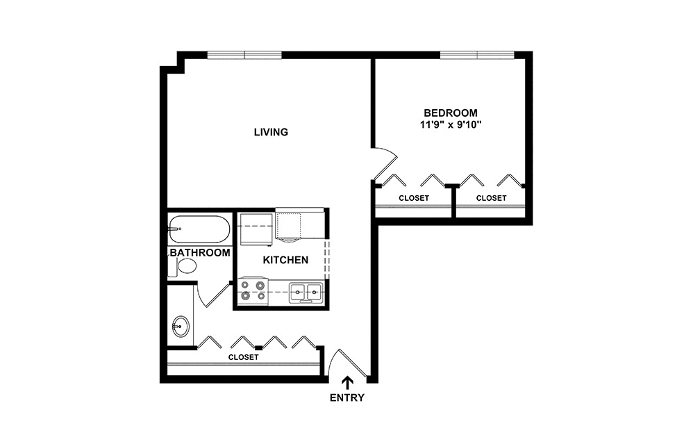 Arizona - 1 bedroom floorplan layout with 1 bathroom and 463 - 536 square feet (2D)