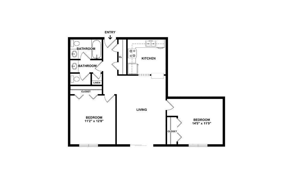 Tennessee - 2 bedroom floorplan layout with 1.5 bathroom and 900 - 975 square feet (2D)