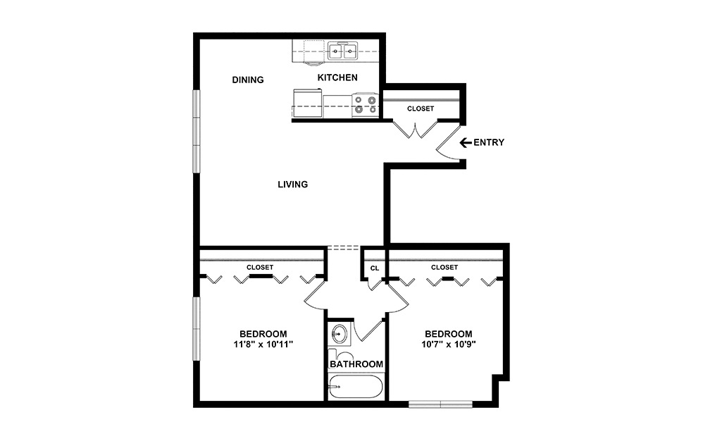 Virginia - 2 bedroom floorplan layout with 1 bathroom and 840 square feet (2D)