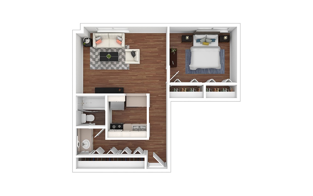Arizona - 1 bedroom floorplan layout with 1 bathroom and 463 - 536 square feet (Floor 1, 3D)