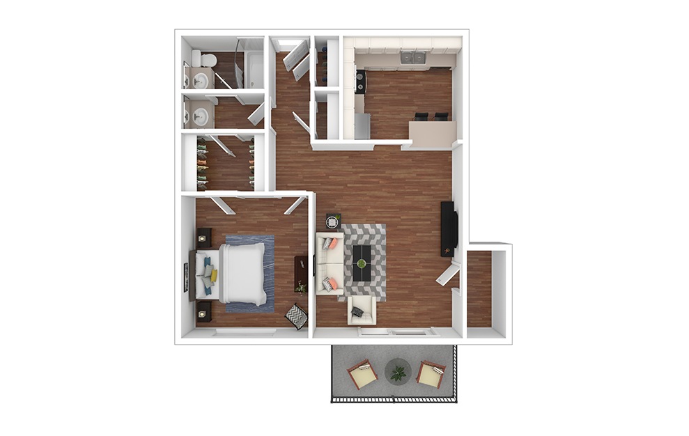 Mississippi - 1 bedroom floorplan layout with 1 bath and 665 to 677 square feet. (Floor 1 / 3D)