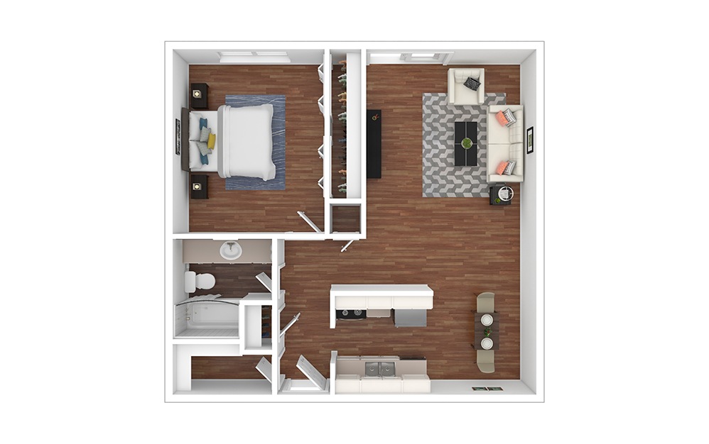 Texas - 1 bedroom floorplan layout with 1 bathroom and 665 square feet (Floor 1, 3D)