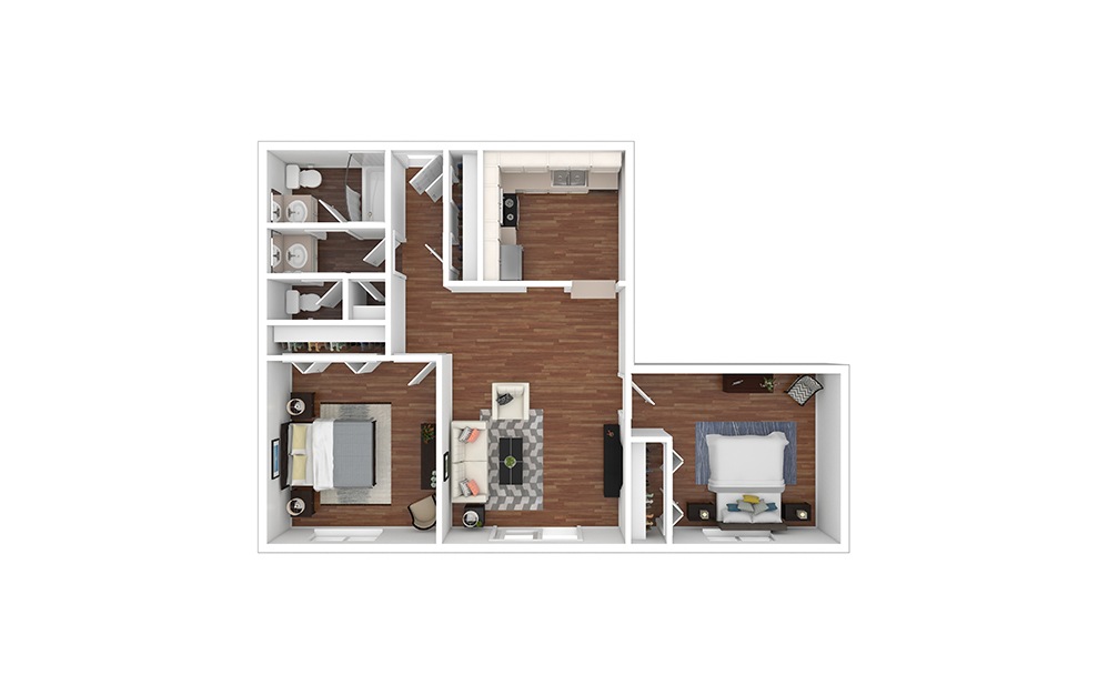 Tennessee - 2 bedroom floorplan layout with 1.5 bathroom and 900 - 975 square feet (Floor 1, 3D)