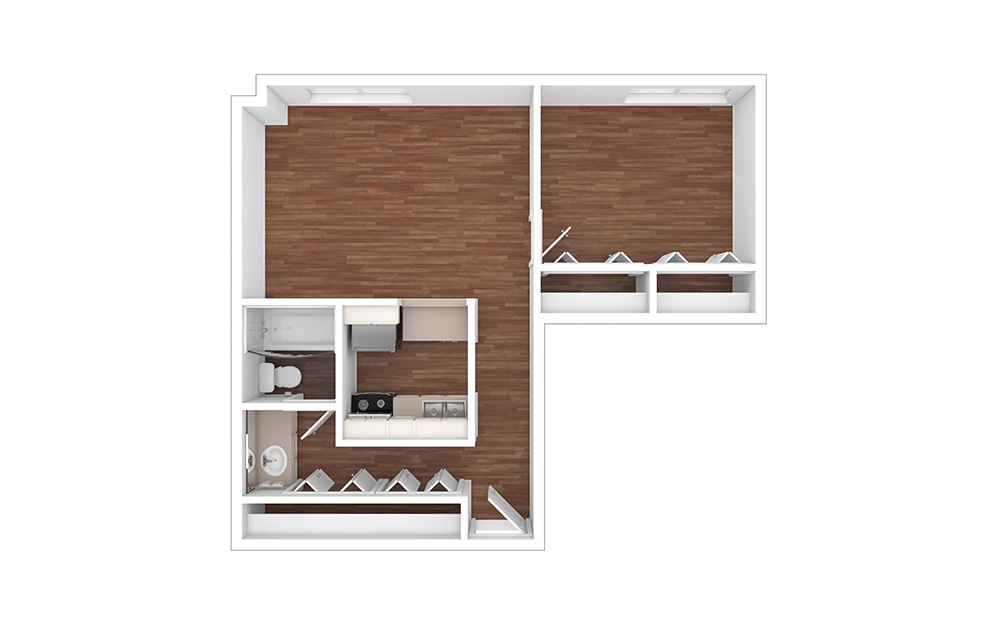 Arizona - 1 bedroom floorplan layout with 1 bathroom and 463 - 536 square feet (Floor 2, 3D)