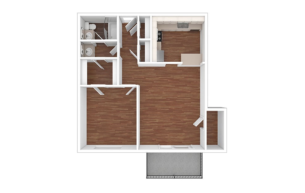 Mississippi - 1 bedroom floorplan layout with 1 bath and 665 to 677 square feet. (Floor 2 / 3D)