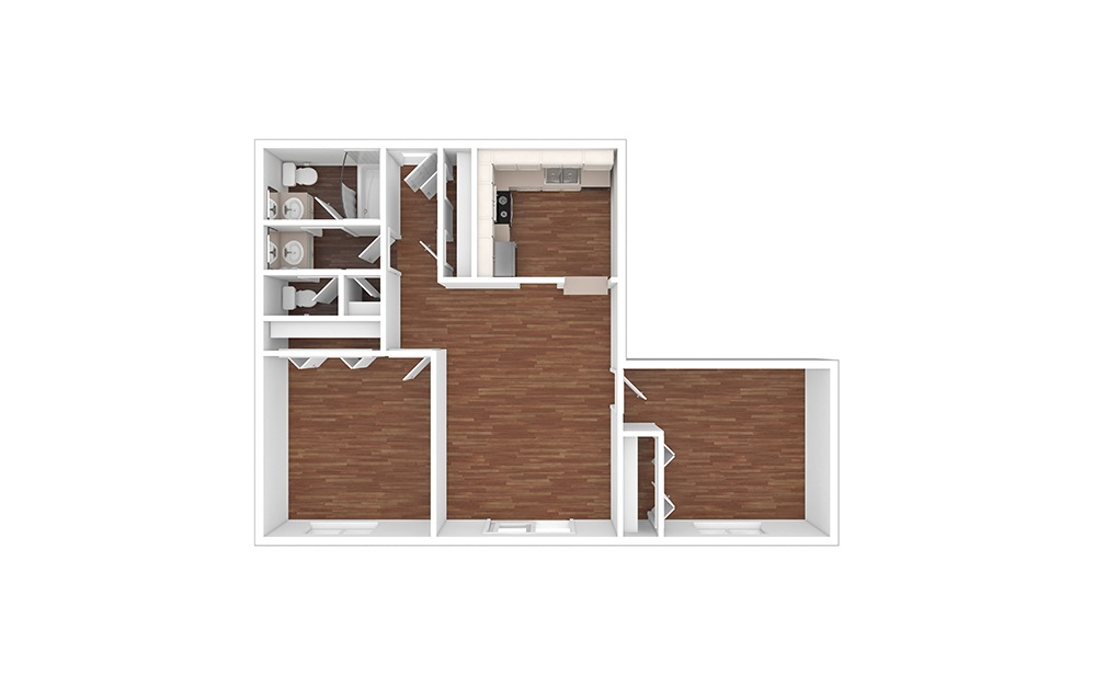 Tennessee - 2 bedroom floorplan layout with 1.5 bathroom and 900 - 975 square feet (Floor 2, 3D)
